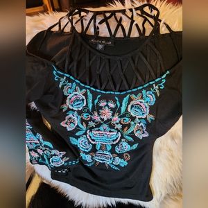 Medium Boho embroidered black and turquoise flower open cut flared sleeves top